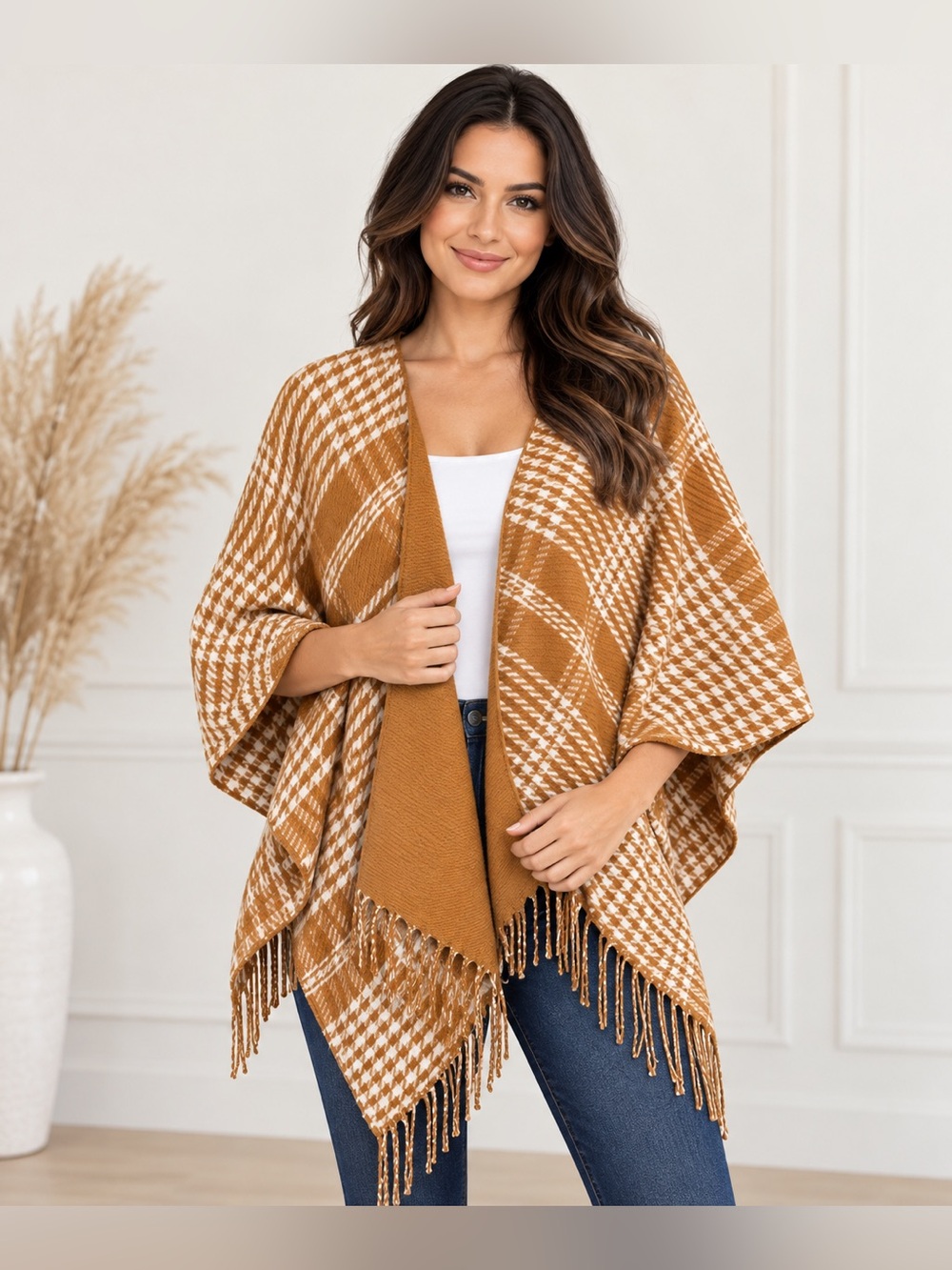 Anne Klein Mustard and White Plaid Fringe Poncho Cape